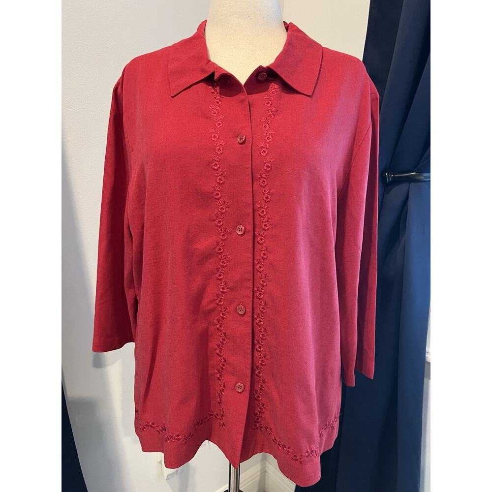 TALBOTS 18 Women Red Top Blouse Shirt Floral Embroidered Button Down Linen Blend - Picture 1 of 8